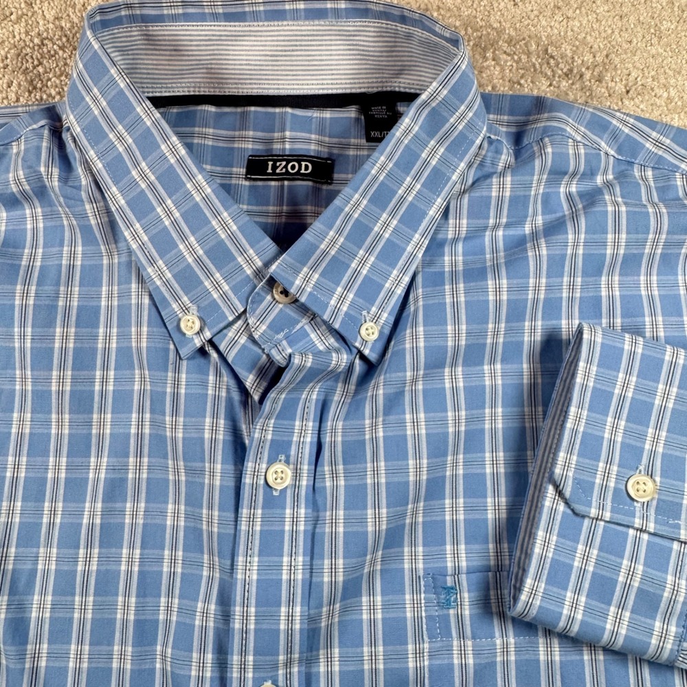 IZOD Mens XXL Blue Plaid Long Sleeve Button Down Shirt Stretch Cotton Blend